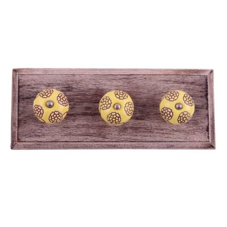 Brown Marigold Etched Ceramic Floral Wooden Hooks